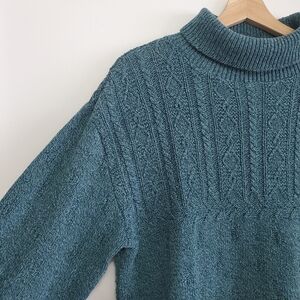 Vintage Large Northern Reflections Blue Sweater Cable Knit Turtleneck Cotton Mix